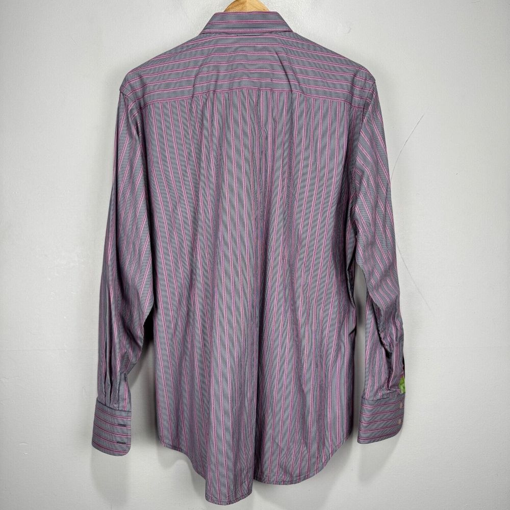 Robert Graham Flip Cuff Button Shirt Men Medium Gray Pink Striped Cotton Floral - Picture 7 of 11